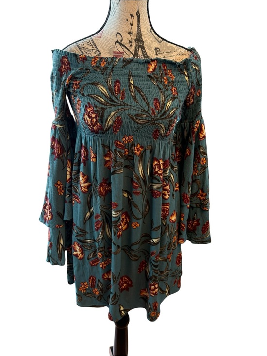 ILLA ILLA Dresses & Skirts - ILLA ILLA Teal Floral Off-Shoulder Top with Rust Accents